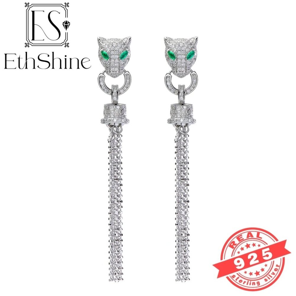 925 Sterling Silver Leopard with Green Eyes Tassel Earrings - Picture 3 of 3